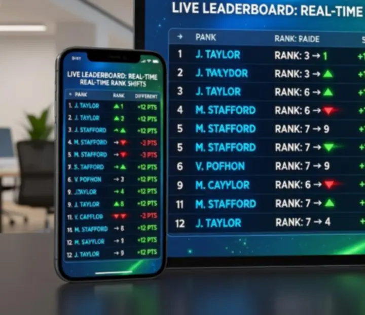 Dynamiczny widok live rankingu fantasy sport z rosnącymi i spadającymi pozycjami menedżerów